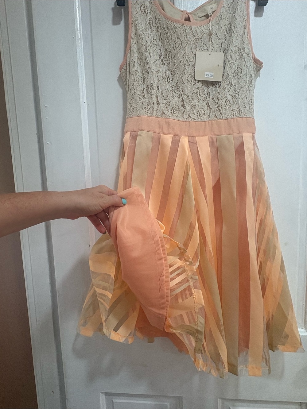 Ryu Peach Lace Bodice Striped Skirt Dress - Picture 2 of 10